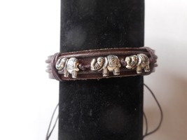Leather Wrist Tie-On Fashion 3 Elephants Bracelet Charm Brown Metal Silver Adj - £7.02 GBP