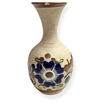 Tonala Mexico Pottery Vase Brown Blue Floral Vintage Small 5.5 Inch Hand Painted - £11.85 GBP