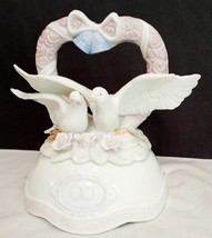 Wedding Dove Heart Roses Music Box Ceramic Vintage Bird Flowers Rings Bells 6&quot; - £30.48 GBP