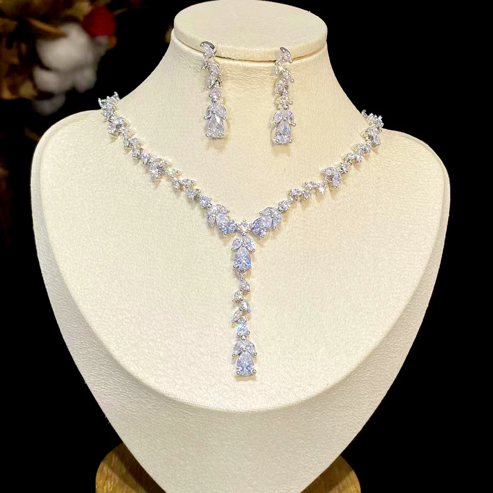 Silver Drop Pendant Necklace Earrings Bridal Wedding 2pcs Jewelry Set For Women  - £47.20 GBP