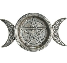 Alchemy Gothic Wiccan Celtic Antiqued Silver Resin Triple Moon Trinket Dish V85 - £20.74 GBP