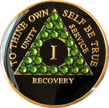 Fern Green Swarovski Crystal AA Medallion Black Tri-Plate Sobriety Chip Year 1 - - £15.09 GBP