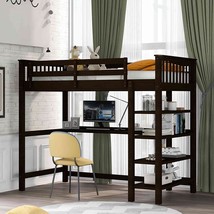 Aty Twin Size Loft Bed, Solid Wood Bedframe With 4 Storage Shelves And, Espresso - £445.47 GBP