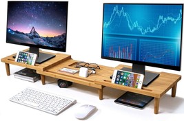 Adjustable Bamboo Dual Monitor Stands, Office Wood Riser for Desk Organizer - £47.44 GBP