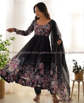 Black organza flower printed anarkali dress set,floral anarkali dress fo... - $46.00