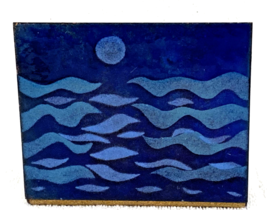 Vintage Blue Enamel Metal Ocean Waves Moon Design Bookend 4 1/2" x 4 1/2" - $34.16