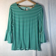 Chico&#39;s Size 2 L Green w White Stripes Knit Top Shirt Ruffled Sleeves - £19.39 GBP