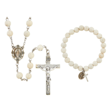 White Lava Stone Rosary &amp; Bracelet Set with Rosary Case Creed Pompeii Collection - £23.48 GBP