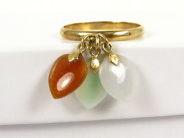 Unique 3ctw Natural Multi Colored Jade Tassel 14k Yellow Gold Band Ring 2.4g - £385.67 GBP