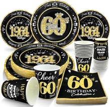 60Th Birthday Decorations Black and Gold, Service for 30, Vintage 60Th B... - $36.77
