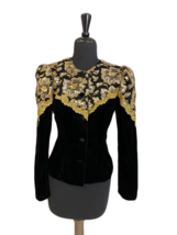 Jessica McClintock Vintage 80s 90s Black Velvet Jacket Gold Lace Bejewel... - $128.70