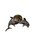 Signed SWAROVSKI Crystal Dolphin Gold Tone Brooch Two Dolphins Tie Hat L... - $27.06 CAD