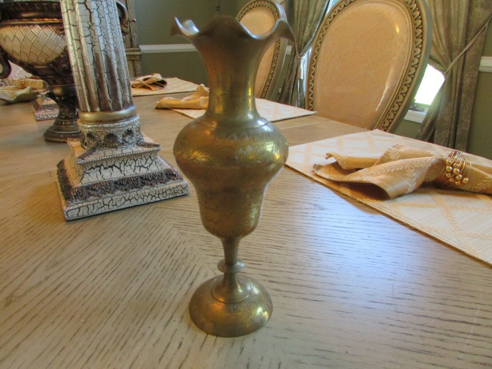 BRASS PEDESTAL BUD VASE 8.75&quot; RUFFLE RIM MADE IN INDIA #561 FLORAL ETCHING - $9.85