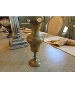 BRASS PEDESTAL BUD VASE 8.75&quot; RUFFLE RIM MADE IN INDIA #561 FLORAL ETCHING - $9.85
