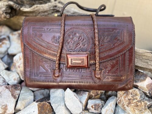 Vintage Brown Hand Tooled Leather Clutch Purse Boho,Fun Toggle Handle Me... - $39.60