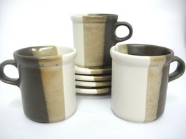 Vintage McCoy Pottery Sandstone Cups Mugs &amp; Saucers Lot of 3 Brown Tone Stripes - £12.54 GBP