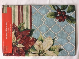 2 Pack Tapestry Placemats Christmas Poinsettias Glitter 13 x 18 - £11.92 GBP