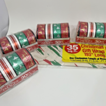Christmas Ribbon Wrapping Paper Lot Cleo Foil Images Red Green White 120 Ft Vtg - £16.66 GBP