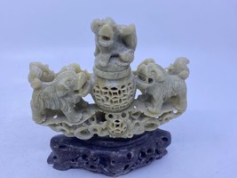 Antique or Vintage Chinese Carved Soapstone Foo Dog Statue Figure w/ Lidded Jar - £177.63 GBP