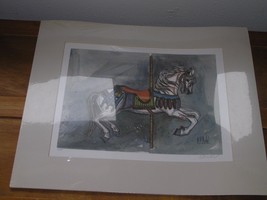 Margaret Michel Signed Watercolor Print of Carmel Carousel Horse in Tan Mat Read - £7.63 GBP