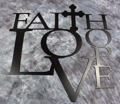 Primary image for Faith Love and Hope with Cross Metal Wall Art 12" x 12" Black