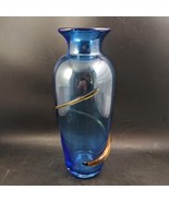Blenko Hand Blown Glass Table Vase Cobalt Blue Gold Amber Coil  11.5” OBO - $89.00