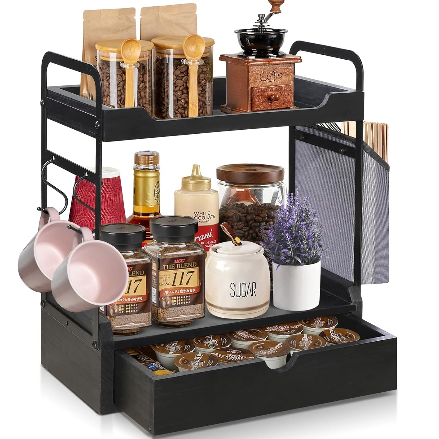 Coffee Bar Accessories And Organizer, 2-Tier Coffee Station Organizer, Wood Kitc