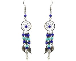 Silver Metal Dream Catcher Long Dangle Earrings Seed Beaded Leaf Charm C... - $17.81