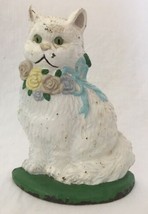 Vintage Cast Iron Kitty Cat Doorstop White w Floral Garland Wreath 8.25&quot; - £63.16 GBP