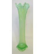 Green Art Glass Vase with Milky Green Accents Draped Lip Tri Foot 13 in ... - £35.37 GBP