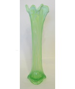 Green Art Glass Vase with Milky Green Accents Draped Lip Tri Foot 13 in ... - $61.72 CAD
