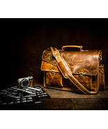 KALATING Personalized Handmade Real Leather Mens Briefcase Laptop Bag 15.6 Brown - $198.00