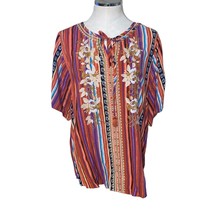 Savanna Jane Multicolor Striped Floral Embroidered Bohemian Peasant Top - $26.89