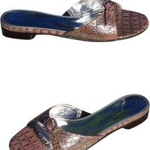 Donald Pliner Metallic Gator Leather Rhinestone Buckle Sandal Shoe Flat ... - $100.00