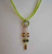 Green Shell Hoop Amber Glass Brown Beaded Pendant Necklace Silver Chain Handmade - £28.14 GBP