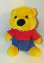 Goffa plush yellow teddy bear red shirt blue shorts hanging head loop vintage - £15.78 GBP