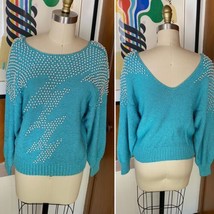 Vtg Nannell Pearl embellished hand knit Sweater Sz M tiffany blue - £98.92 GBP