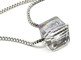 Cube Pendant Austrian Necklace Crystal Aurora Fashion 925 Silver Plated &amp; Box - £11.33 GBP
