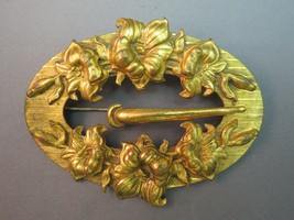 Antique Sash Pin Repousse Flowers Art Nouveau Brooch Huge 3.75&quot; Buckle Gold - £99.55 GBP