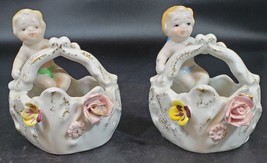 2 Vintage Bisque Porcelain Sitting Naked Baby in Basket Planter Vase RARE - £39.44 GBP