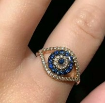0.60Ct Simulated Diamond &amp; Blue Sapphire Evil Eye Ring 14k Rose Gold Plated - £57.60 GBP