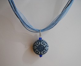 Blue Asian Circle Pendant Organza Necklace Unique Handmade Chinese Characters - £25.57 GBP