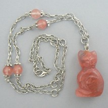 Sitting Cat Hand Carved Necklace w/ Earrings - Cherry Quartz - £16.08 GBP