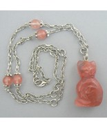 Sitting Cat Hand Carved Necklace w/ Earrings - Cherry Quartz - $27.05 CAD