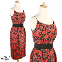 Vintage Mr Mort Fitted Wiggle Dress - Red Rose on Black - Metal Zip - S ... - £66.77 GBP