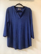 Chicos Travelers Top Size 2 Blue Acetate Slinky Blouse 3/4 Sleeve V Neck - £14.74 GBP