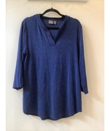 Chicos Travelers Top Size 2 Blue Acetate Slinky Blouse 3/4 Sleeve V Neck - $25.71 CAD