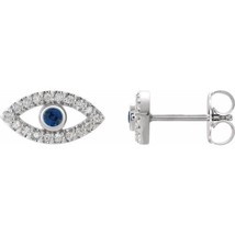 14K White Gold Natural Blue Sapphire &amp; Natural White Sapphire Evil Eye Earrings - £465.91 GBP