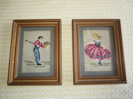 PAIR Framed VICTORIAN COURTING BOY &amp; GIRL Needlepoint WALL HANGINGS--6.5... - £19.98 GBP