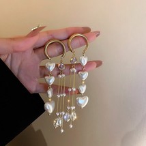 Long Tassel Crystal Drop Earrings Korean Style Heart Pearl Earrings Jewelry Gift - £7.73 GBP